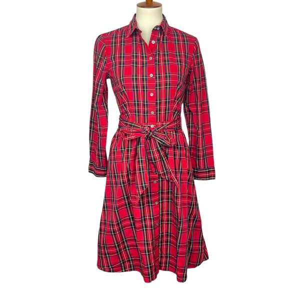 J Crew Dress Womens 2 Red Plaid Long Sleeve Shirtdress Belted Christmas Holiday - Picture 1 of 10
